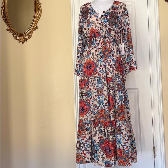 Boemo x Anthropologie Floral Print Boho Maxi Dress Tiered Bell 3/4 sleeved NWT - Picture 7 of 16